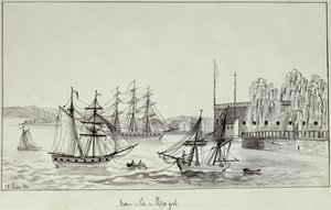 البطارية وميناء نيويورك ، 1831 (قلم وحبر ومرحاض على ورق) بواسطة غوستاف دي بومونت